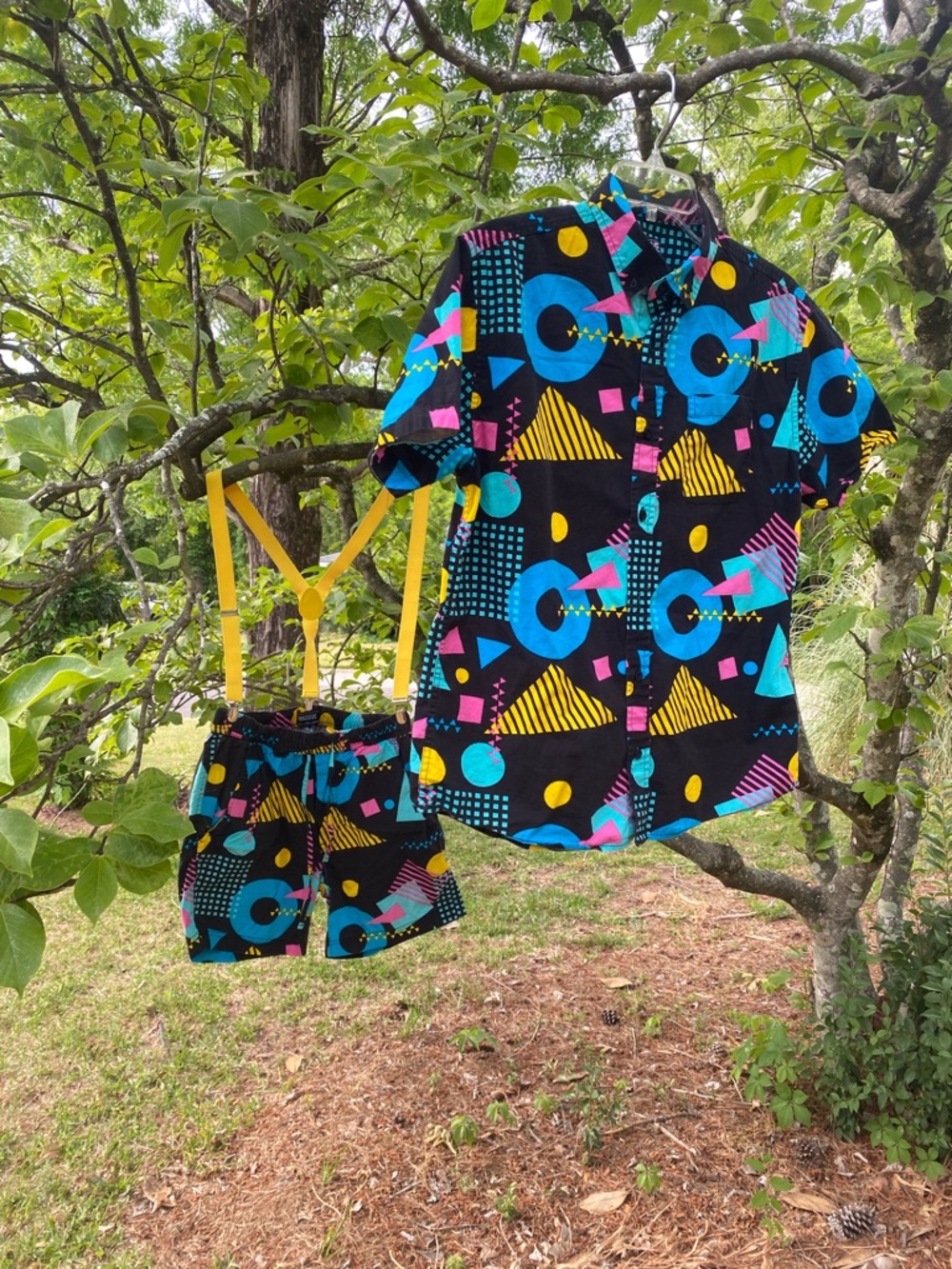 Bold Geometric Black Button-Up Shirt & Shorts Yellow Suspenders not included 😜